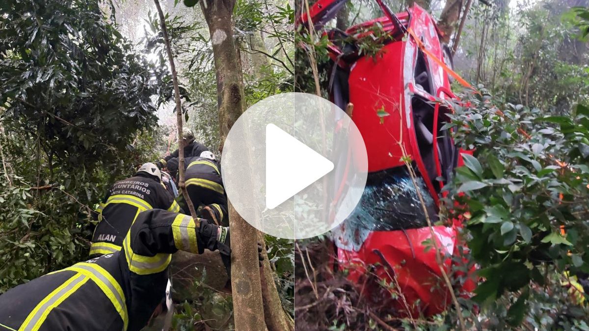 Carro despenca de ribanceira de 50 metros e motorista precisa ser resgatado com cordas