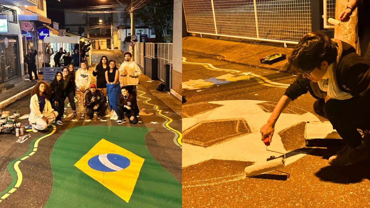 FOTOS: Bar reúne clientes e artistas para pintar rua de SC para Copa do Mundo