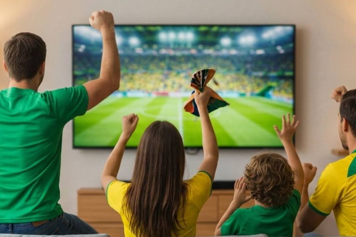Torcedores do Brasil assistindo ao jogo da Copa do Mundo na TV Samsung Neo QLED de 85 polegadas 
