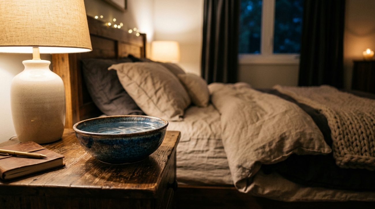 Bacia de água no quarto, ao lado da cama 