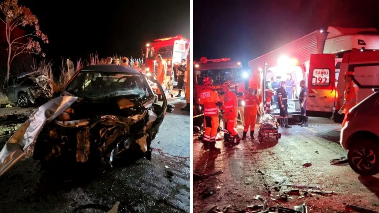 Dois motoristas morrem após carros colidirem na BR-251 e acidente deixa mãe, esposa e filha feridas em MGFoto: Montagem feita com imagens do Corpo de Bombeiros de Minas Gerais/ND Mais
