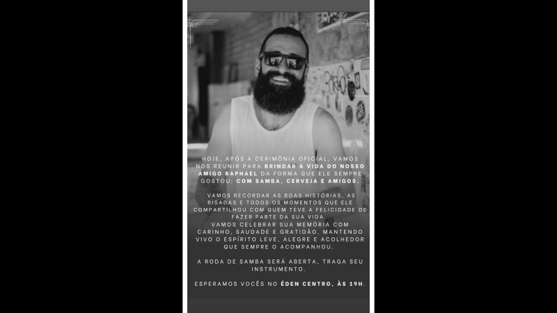 Amigos e admiradores irão se reunir em uma roda de samba aberta em homenagem a Raphael Machado Brinhosa - @floripamilgrau/Redes Sociais/Reprodução/ND Mais