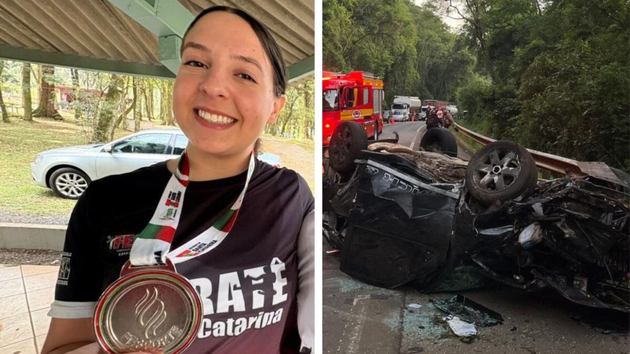 imagem da atleta Sarah Held e do acidente na SC-150.