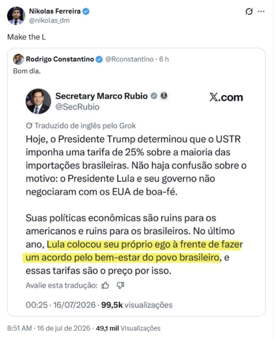 Nikolas Ferreira alfineta Lula em publicação nas redes sociais após declaração do secretário de Estado dos Estados Unidos, Marco RubioFoto: Reprodução/X/ND Mais