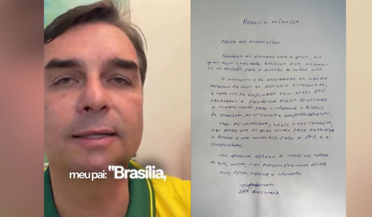 Carta escrita pelo ex-presidente Jair Bolsonaro e lida pelo senador Flávio Bolsonaro neste sábado (11).Foto: Reprodução/Redes sociais/ND Mais