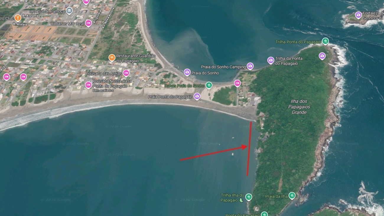 Croqui da Prefeitura de Palhoça mostra o local onde será instalada a primeira plataforma flutuante, na região da Praia da Ponta do Papagaio, próxima ao costão e à Ilha dos PapagaiosFoto: Prefeitura de Palhoça/Divulgação/ND Mais