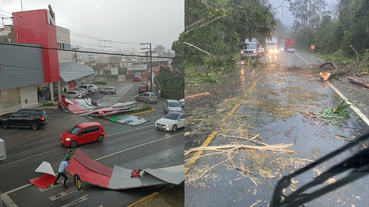 Temporal com granizo em SC arranca telhado de loja, derruba árvores na BR-470 e complica trânsito