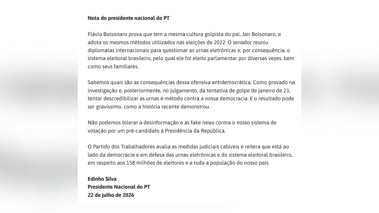 Nota do PT; Flávio Bolsonaro inelegível