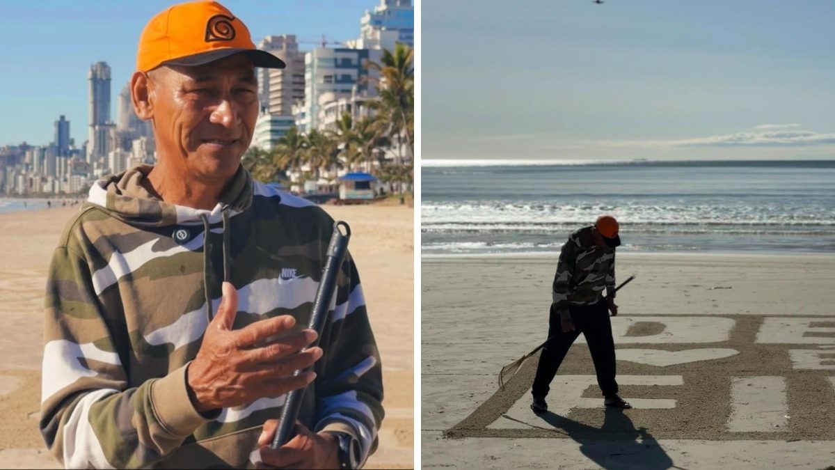 ‘Eu faço de coração’: homem escreve mensagens de fé na areia de praia supervalorizada