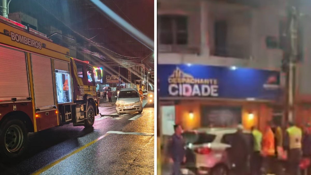 Idosa fica ferida após carro ser arremessado contra poste em colisão entre dois veículos em cidade de SC