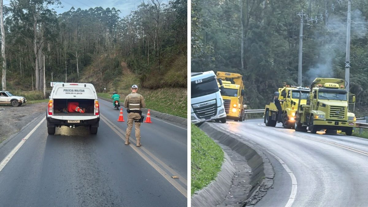 Carreta perde o controle e interdita SC-390 nos dois sentidos entre o distrito de Guatá e Lauro Müller - QTU Questões do Universo