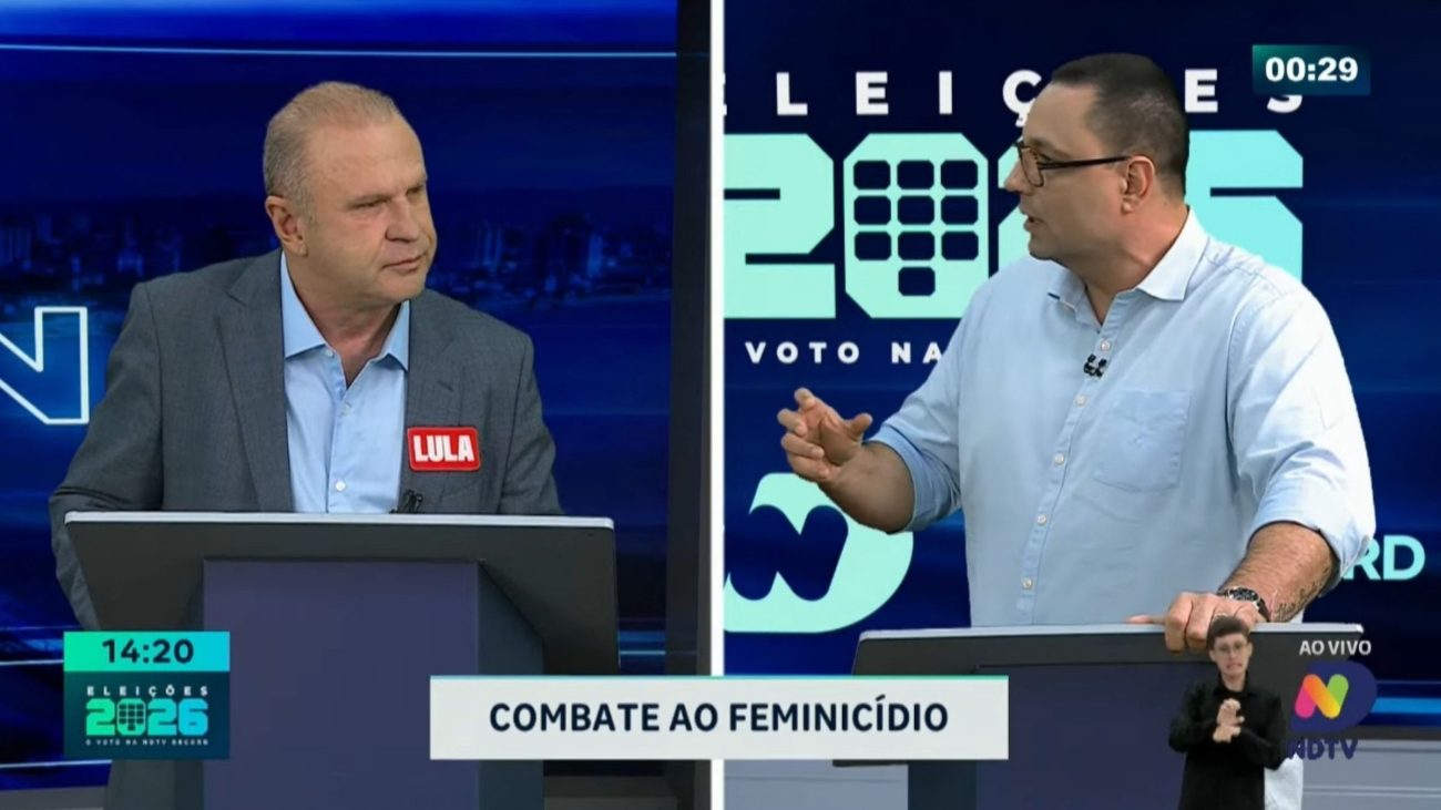 Candidato Ralf Zimmer (PRD) e Gelson Merísio (PSB) debatem sobre feminicídio no 1° debate para o governo de SC das eleições 2026