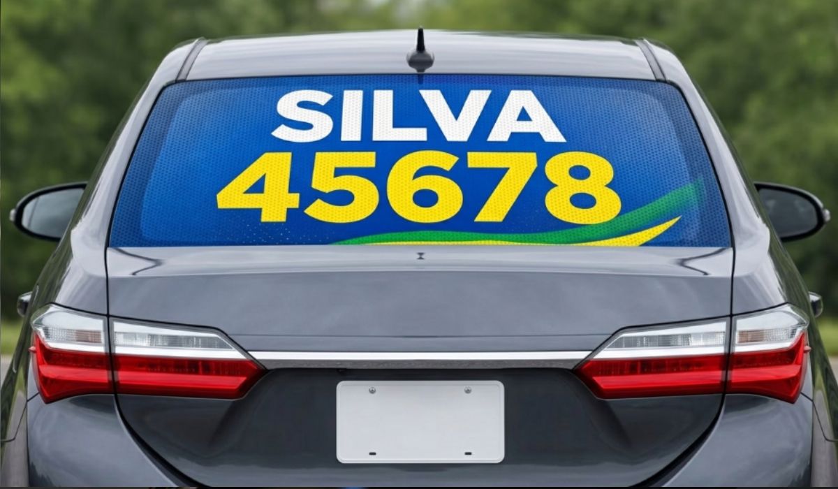 na foto aparece o uso do adesivo eleitoral em carro fazendo propaganda de um político com o nome e número do candidato