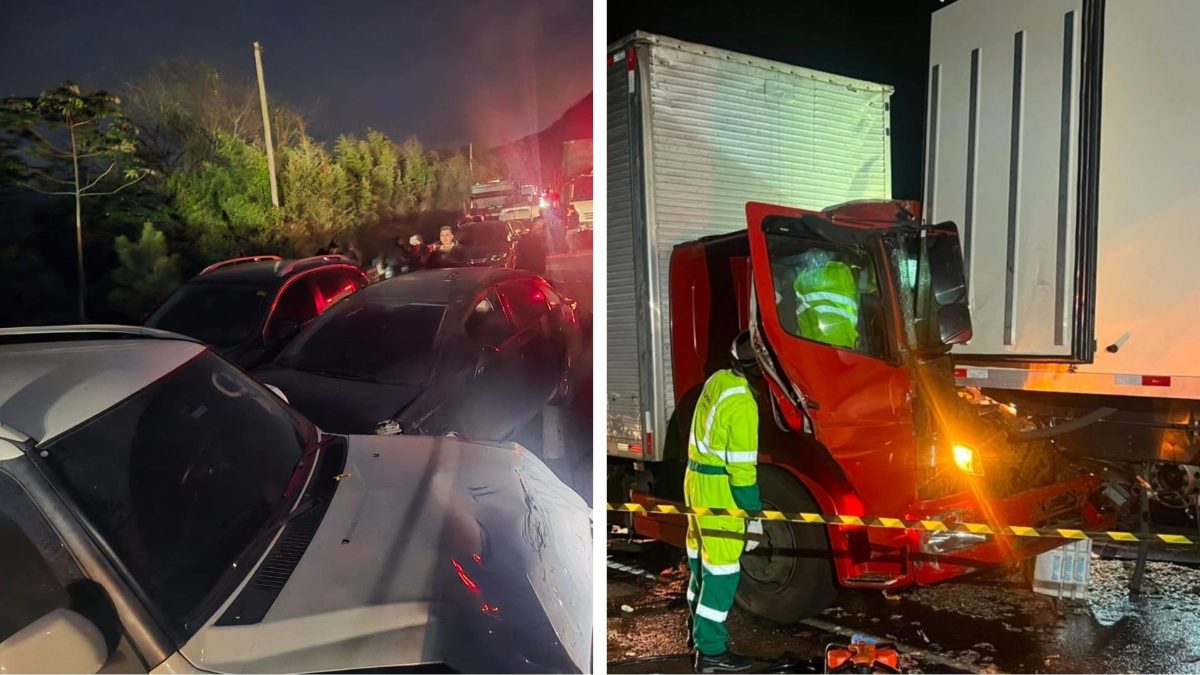 Colisão entre três caminhões na BR-101 ocorreu logo após engavetamento com sete carros