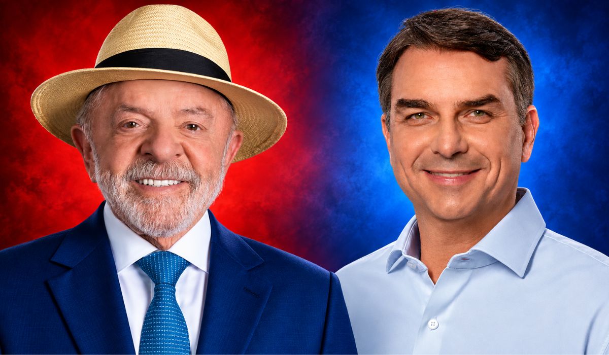 Montagem reúne Lula e Flávio Bolsonaro, adversários no segundo turno das eleições 2026