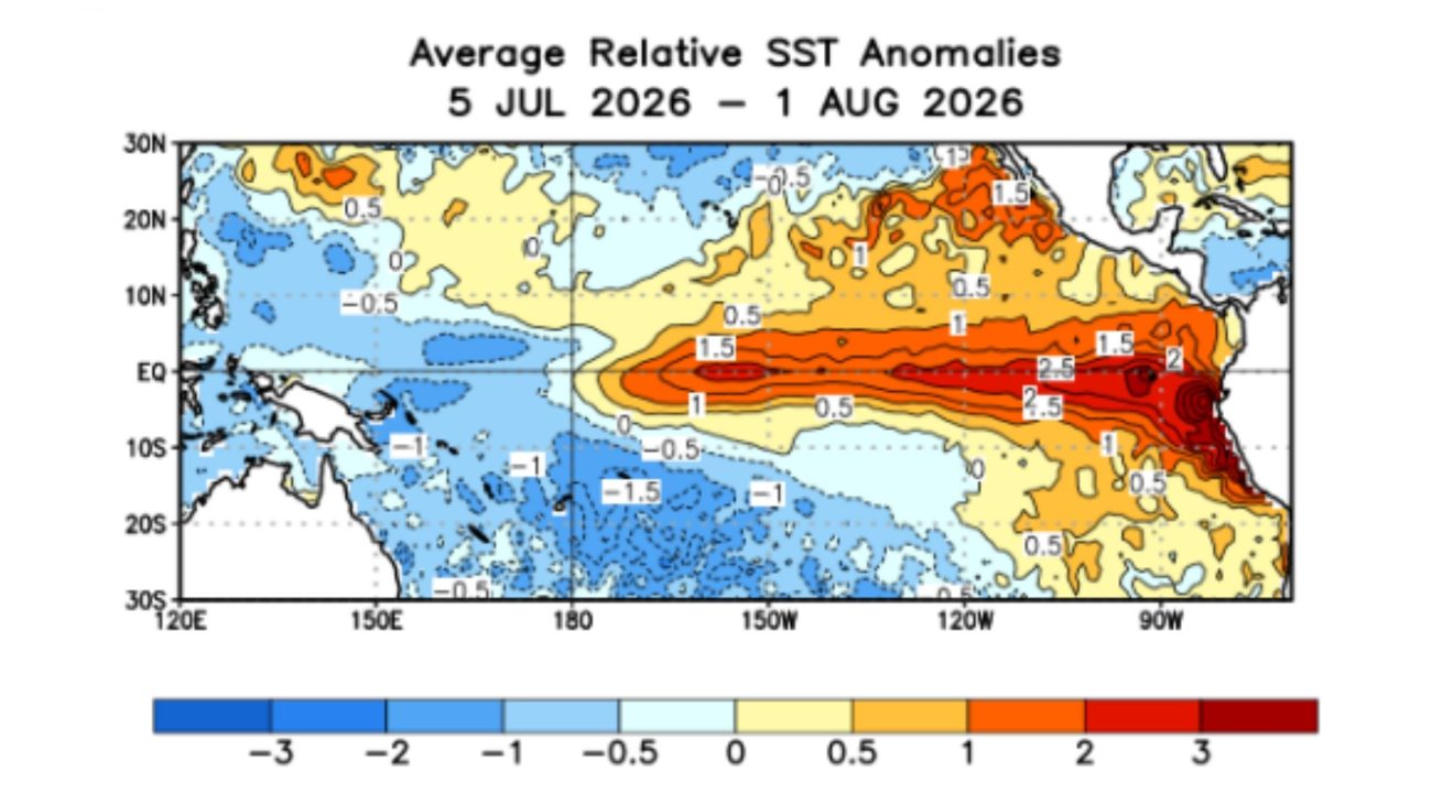 Nas últimas quatro semanas, as temperaturas da superfície do mar na região equatorial do Oceano Pacífico ficaram acima da média entre a Linha Internacional de Data e o Pacífico OrientalFoto: NOAA/ND Mais