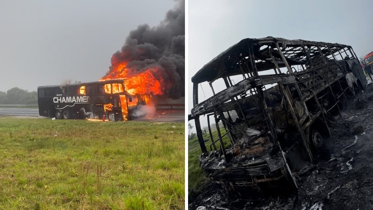 Ônibus de banda gaúcha pega fogo em Curitiba enquanto integrantes dormiam e fica completamente destruído - QTU Questões do Universo
