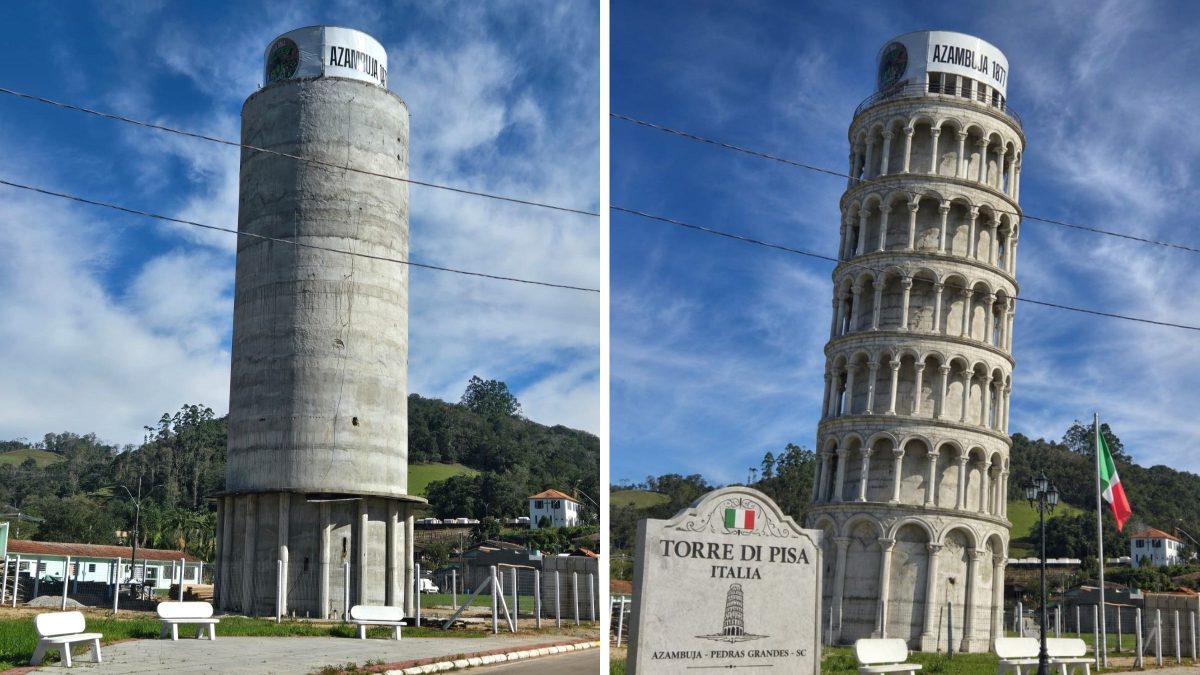Primeira réplica brasileira da Torre de Pisa é construída em SC e será inclinada durante