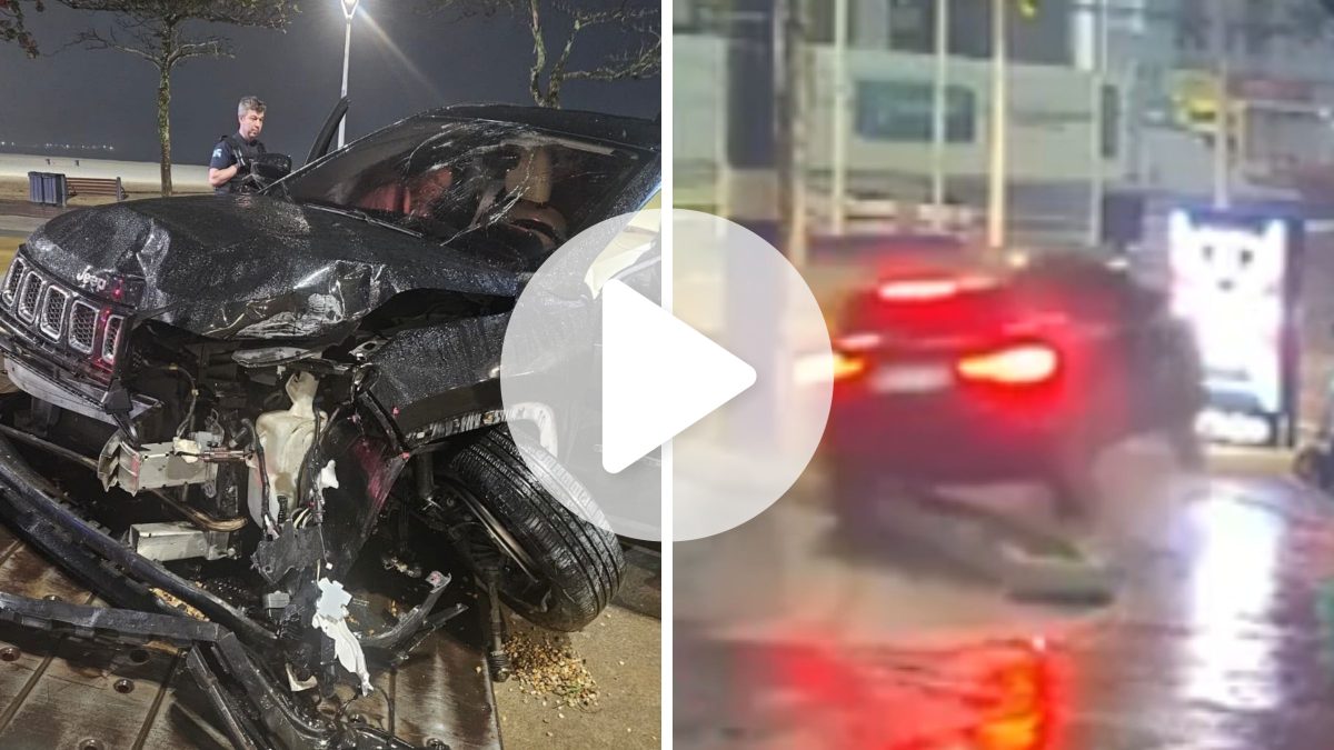 VÍDEO: Motorista embriagada faz ‘strike’, derruba poste e painel de LED durante a madrugada em Balneário Camboriú