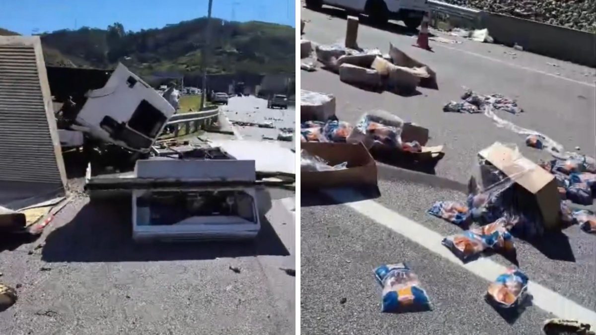 Imagens de grave acidente entre caminhão e carreta mostram destruição e carga espalhada no Contorno de Florianópolis; uma pessoa morreu