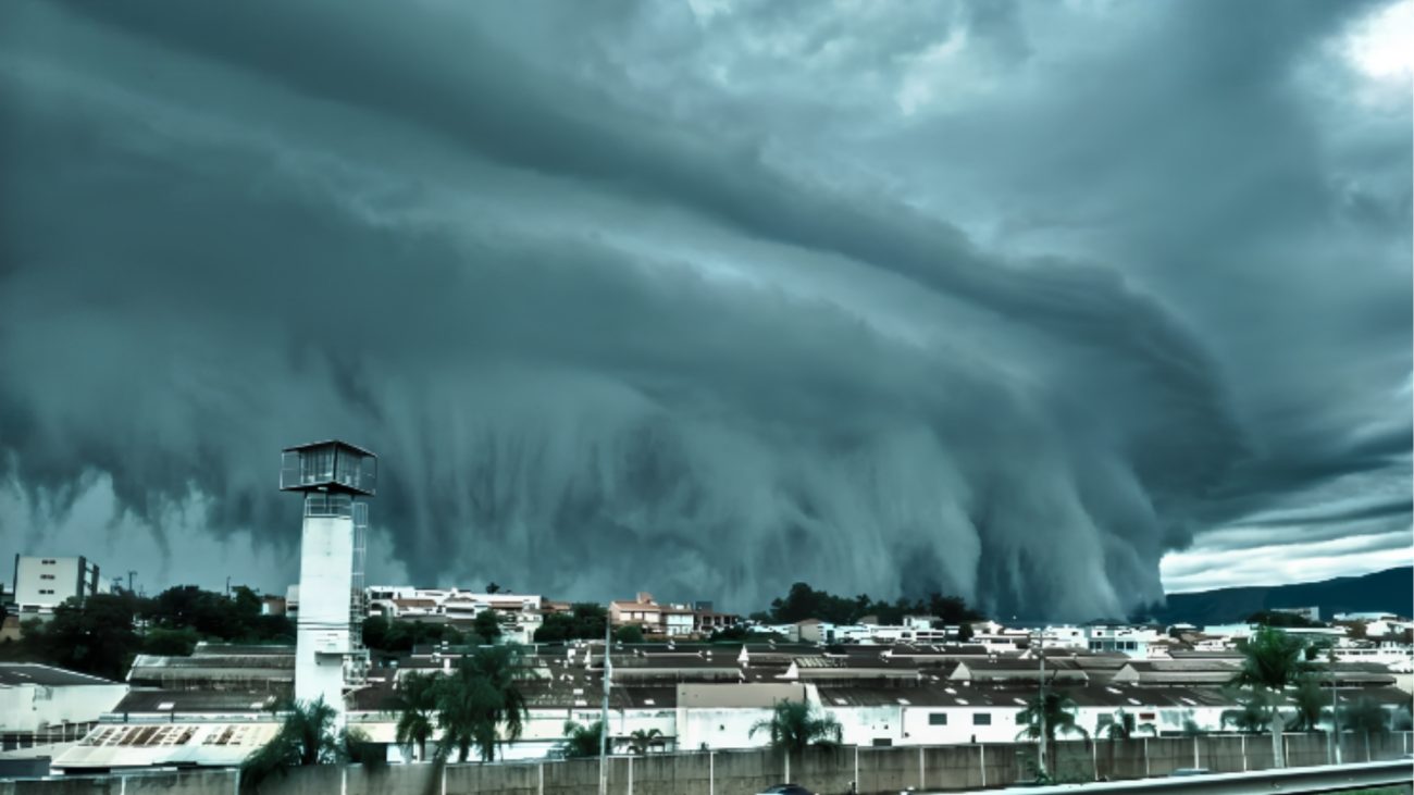 Chuva intensa se aproxima de uma área urbana, com uma grande formação de nuvens carregadas cobrindo o céu.