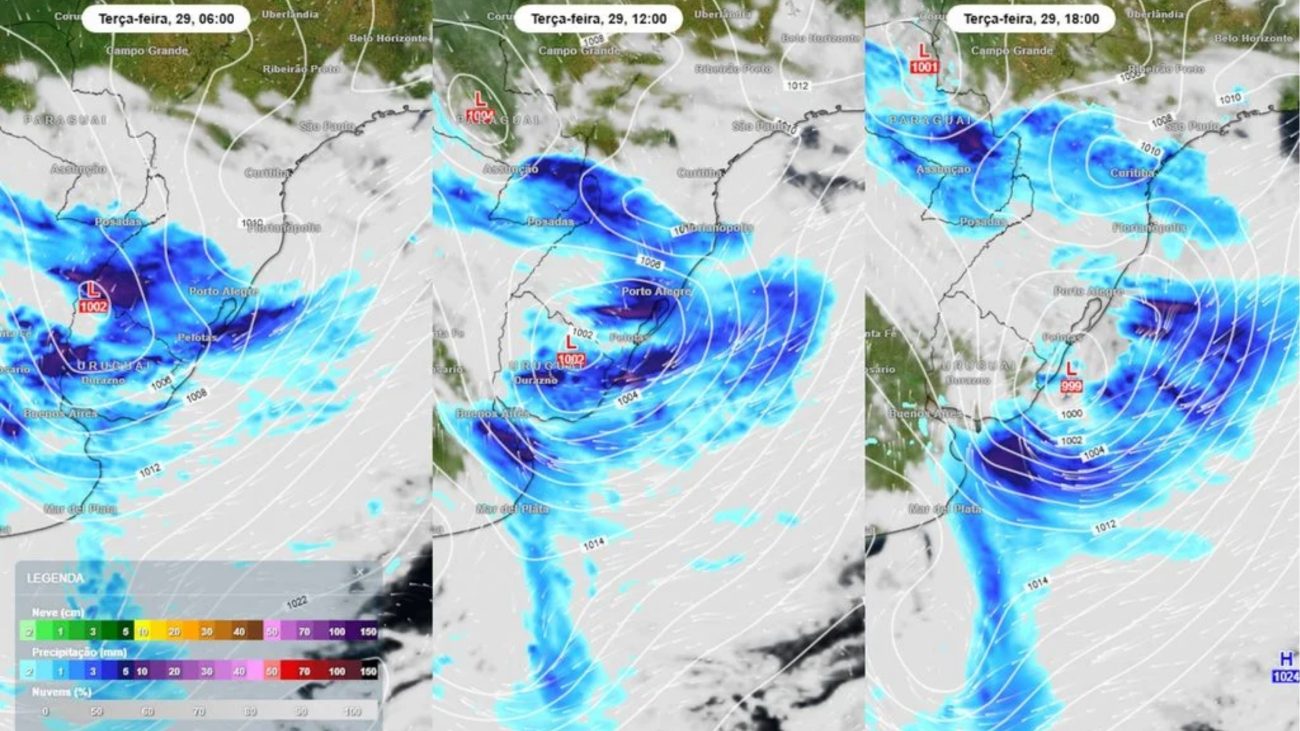 Mapa meteorológico mostra a evolução de áreas de chuva e de baixa pressão sobre o Sul do Brasil ao longo do dia.