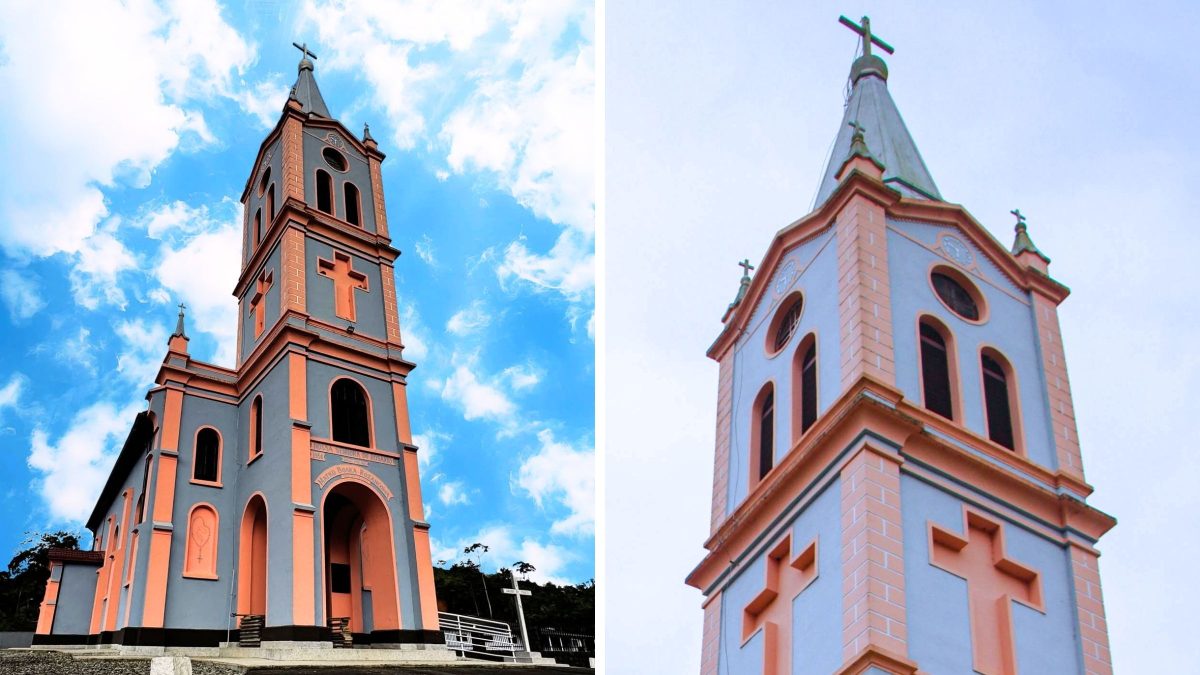 Charmosa igreja rosa e azul com torre de 22 metros guarda mistério de mensagem gravada na fachada e relógio travado às 5h50 em SC