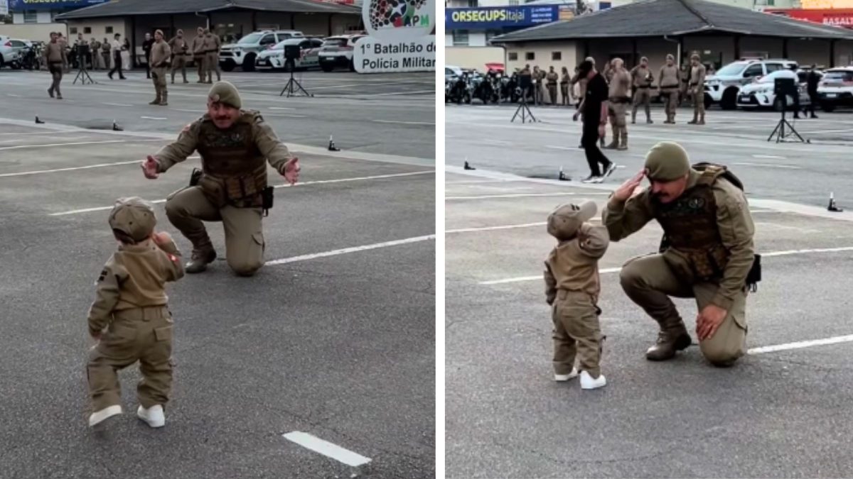 ‘Continência para um colinho’: bebê de 1 ano presta saudação a avô sargento da PM em SC e cena fofa após formatura de pai viraliza - Foto