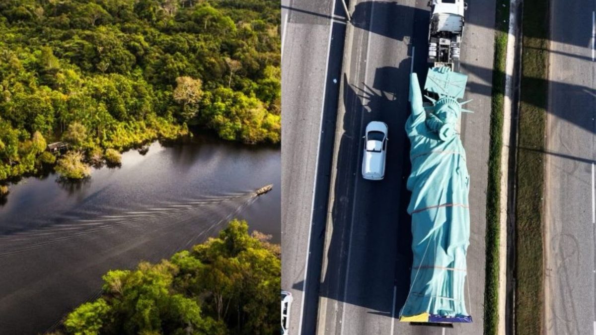 Estátua da Liberdade de 8 toneladas e do tamanho de um prédio de 8 andares cruza o país e vai passar 11 dias em uma balsa até 200ª Havan
