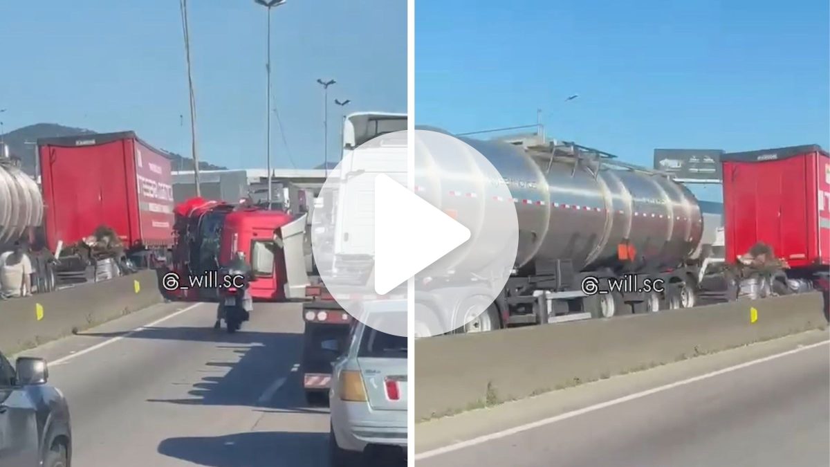 Cabine de carreta é arrancada após engavetamento, vai parar na pista contrária da BR-101 em SC e causa filas quilométricas em ambos os sentidos