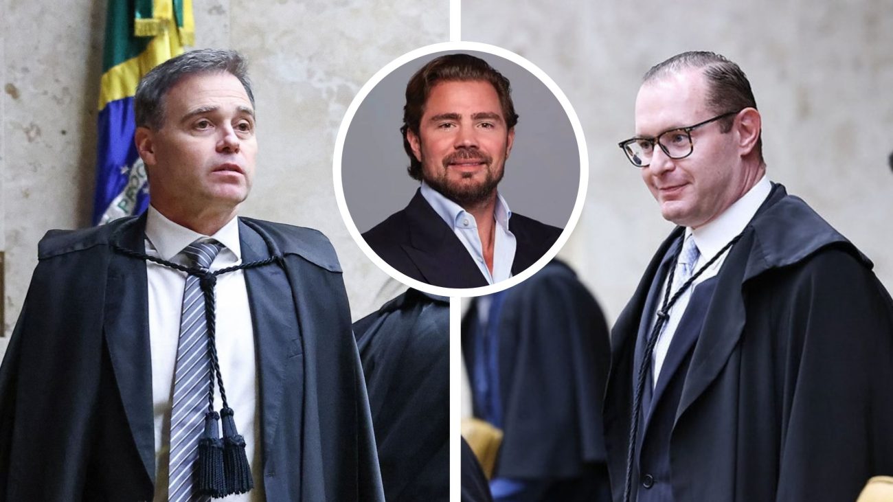 Montagem reúne dois ministros do Supremo e um empresário, em contexto ligado à análise do celular de Vorcaro pela Polícia Federal.