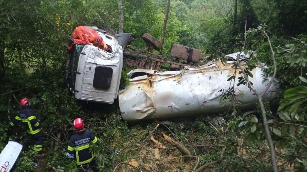 Caminhão carregado com ração cai em ribanceira e motorista é resgatado pela janela do para-brisa em SC