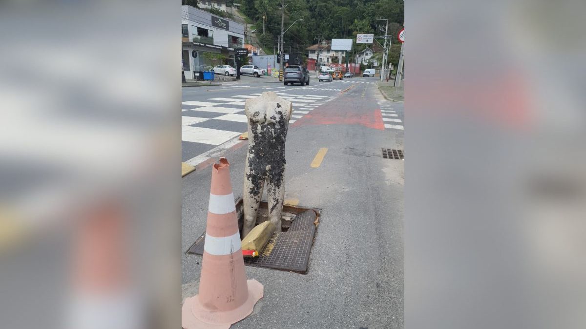 Manequim é usado para ‘tampar’ buraco em uma das principais ruas de Blumenau - Foto