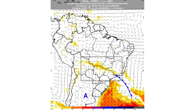 Previsão da direção e das rajadas de vento para a tarde de terça. A frente fria e o sistema de alta pressão pós-frontal favorecem ventos de sul e rajadas entre o Centro-Oeste e o Sudeste - Inmet/ND Mais