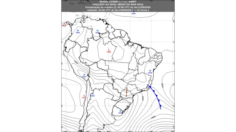 Previsão da pressão ao nível do mar entre a noite de terça e a madrugada de quarta (23). A frente fria no Oceano Atlântico e os cavados entre o Sul e o Sudeste mantêm áreas de instabilidade e favorecem a continuidade das chuvas - Inmet/ND Mais
