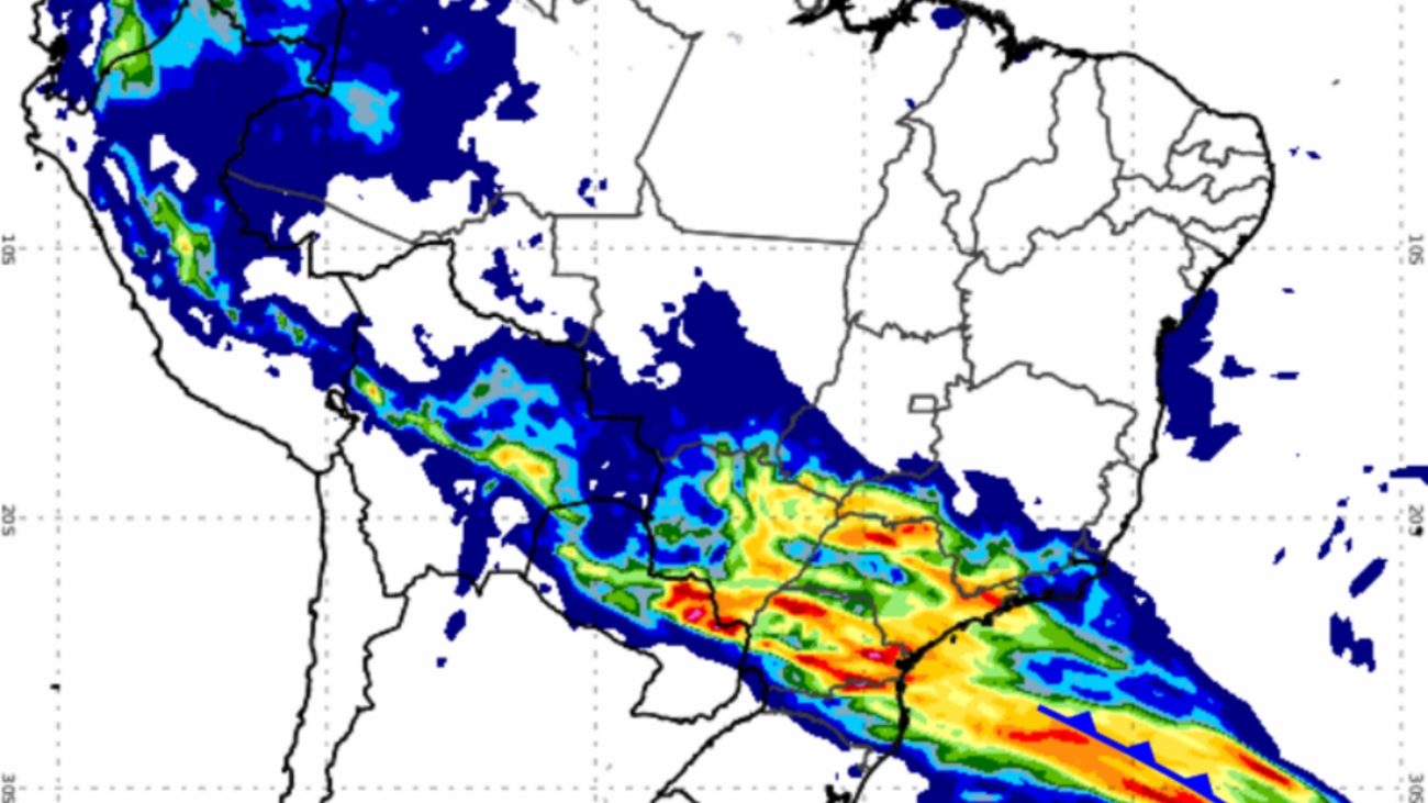 Previsão do tempo: chuva acumulada para terça-feira (22). A frente fria e o canal de umidade favorecem chuvas no Centro-Oeste, Sudeste e norte da Região Sul, com acumulados acima de 50 mm.