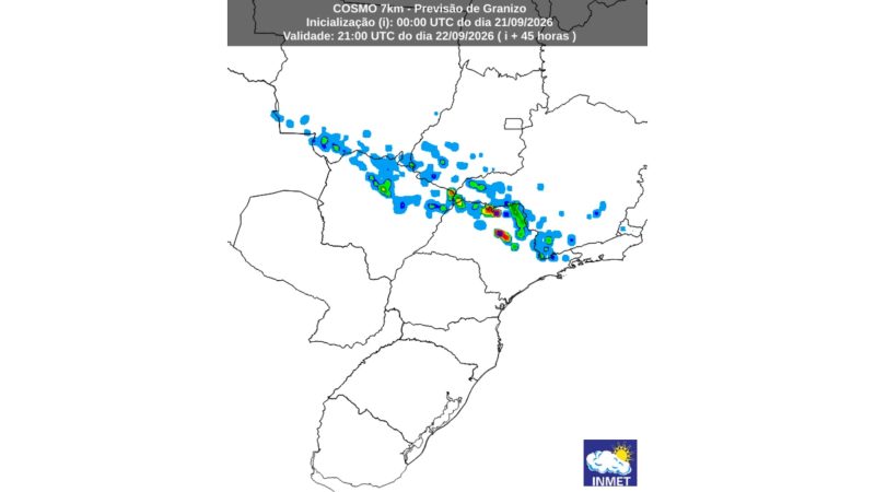Previsão de granizo para o início da noite de terça-feira. O risco se concentra entre o sul de Mato Grosso, Goiás e Minas Gerais, além do norte de Mato Grosso do Sul e de São Paulo - Inmet/ND Mais