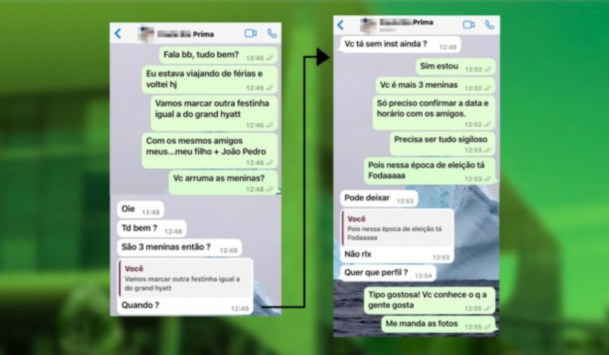 Reprodução de prints de conversa atribuída ao ex-sócio de Flávio Bolsonaro, Alexandre Santini, sobre a organização de um encontro com mulheres e um pedido de sigilo