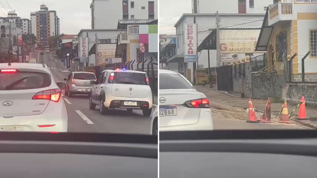 Obra da Casan faz três faixas virarem uma e causa congestionamento no acesso à Ilha, em Florianópolis