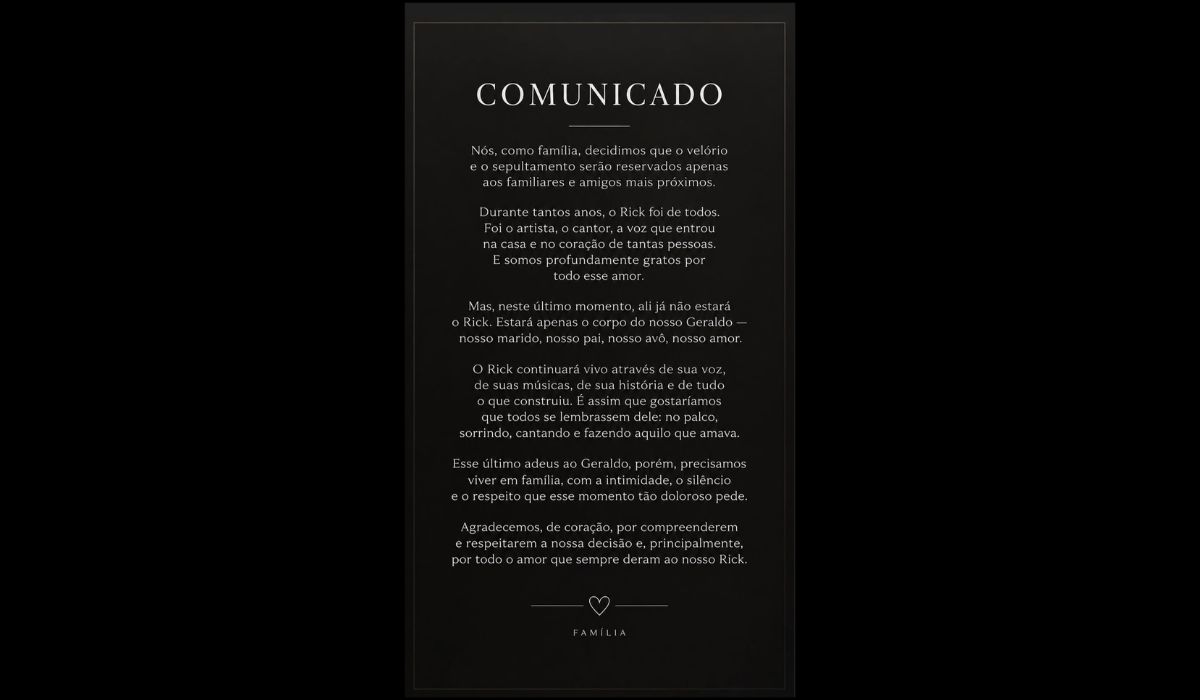 Geralda Helena, esposa do cantor, explicou a decisão da família sobre o velório de RickFoto: Instagram/Reprodução/ND Mais