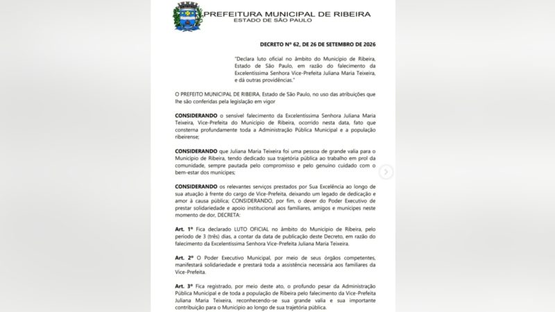Prefeitura de Ribeira decretou luto oficial de três dias após a morte da vice-prefeita. - PREFEITURA DE RIBEIRA/pmribeira/Instagram