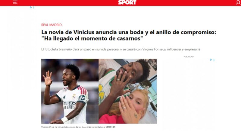 Imprensa espanhola especula casamento de Vini Jr. e Virginia - Reprodução/ND Mais
