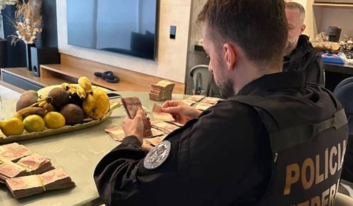 Montagem mostra frascos de xampu e policial contando cédulas durante operação contra esquema internacional