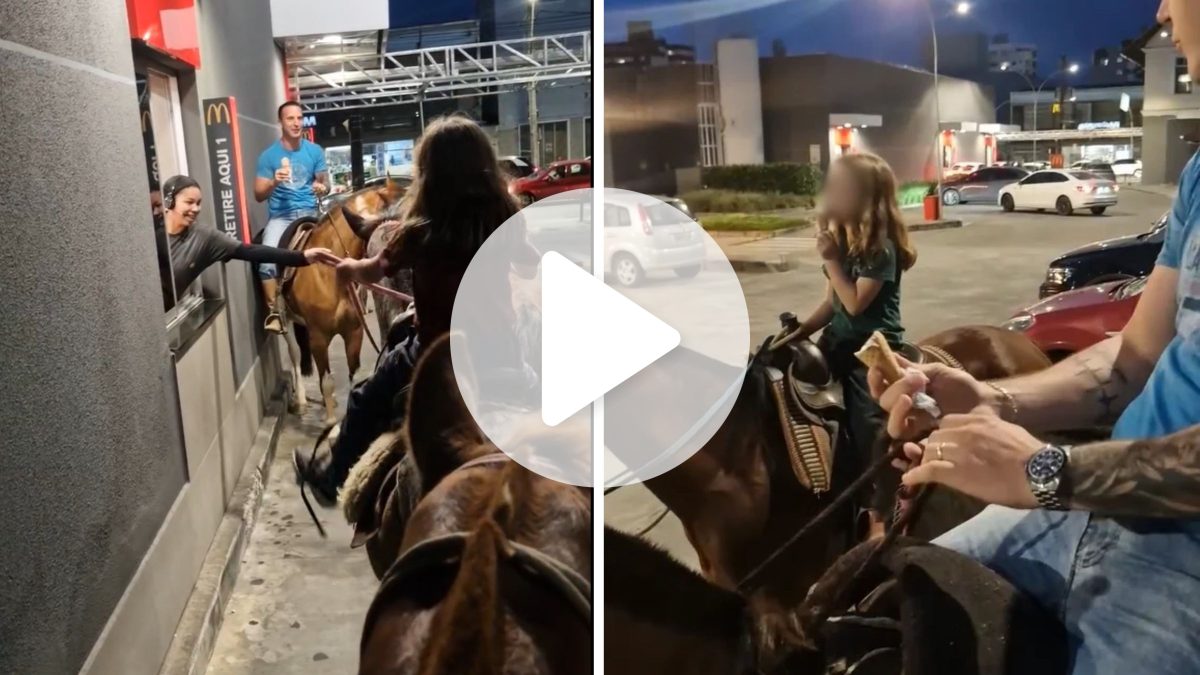 ‘Sorvete em cima do cavalo’: família surpreende ao chegar de forma inusitada ao McDonald’s em SC