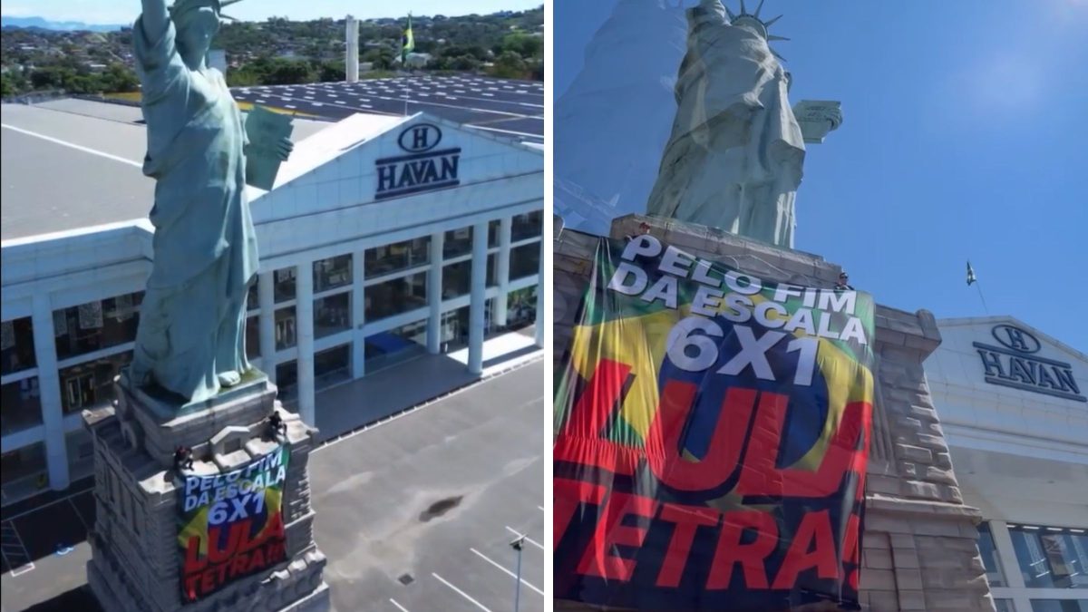 Bandeira em apoio a Lula e contra escala 6×1 é pendurada em estátua da Havan em SC