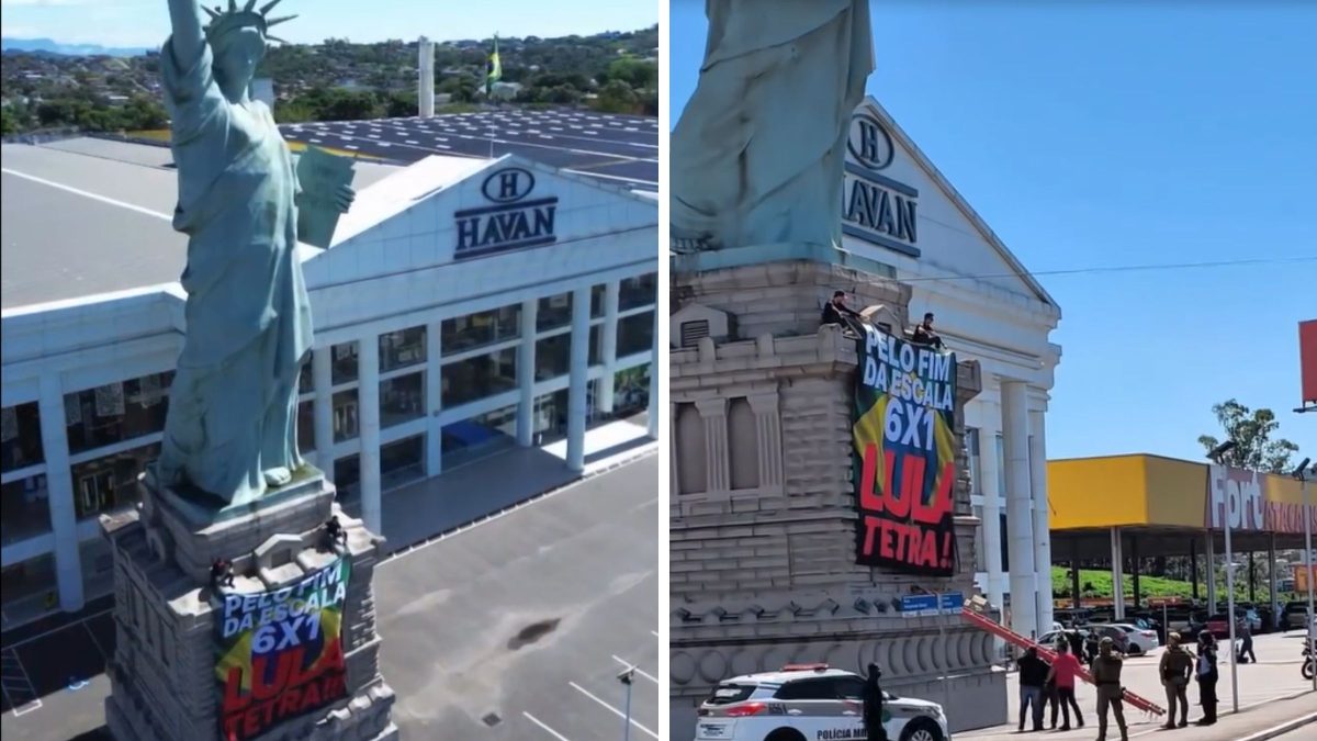 Bandeira em apoio a Lula e contra escala 6×1 é pendura em estátua da Havan em SC