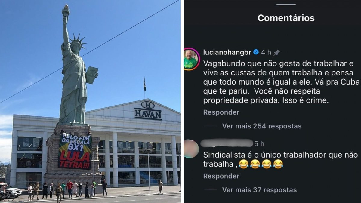 Luciano Hang reage à bandeira pró-Lula e pelo fim da escala 6×1 estendida em estátua da Havan em SC e dispara: ‘Vá pra Cuba que te pariu’