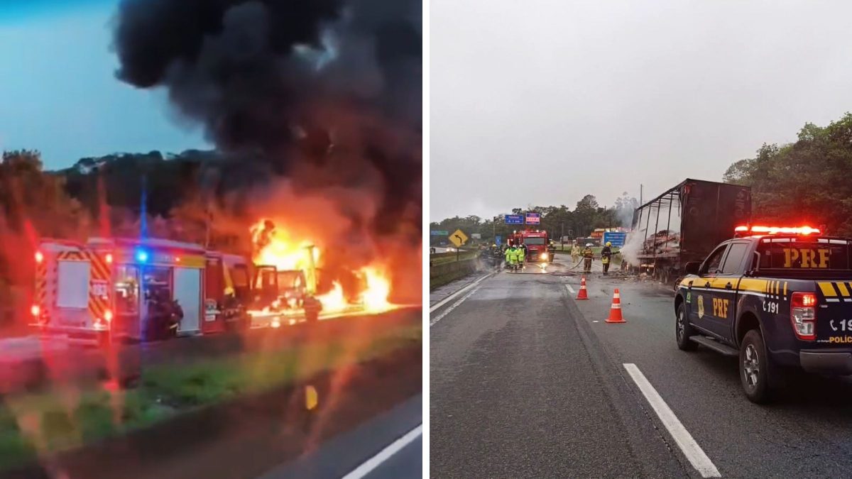 BR-376 é totalmente interditada após carreta pegar fogo e fila chega a 6 km na divisa com SC