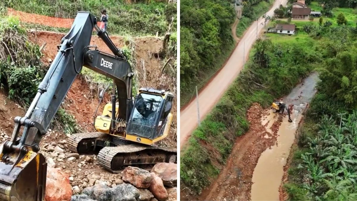 Chuvarada provoca desbarrancamento e compromete estrada às margens de rio; obra emergencial tenta conter avanço dos danos em SC