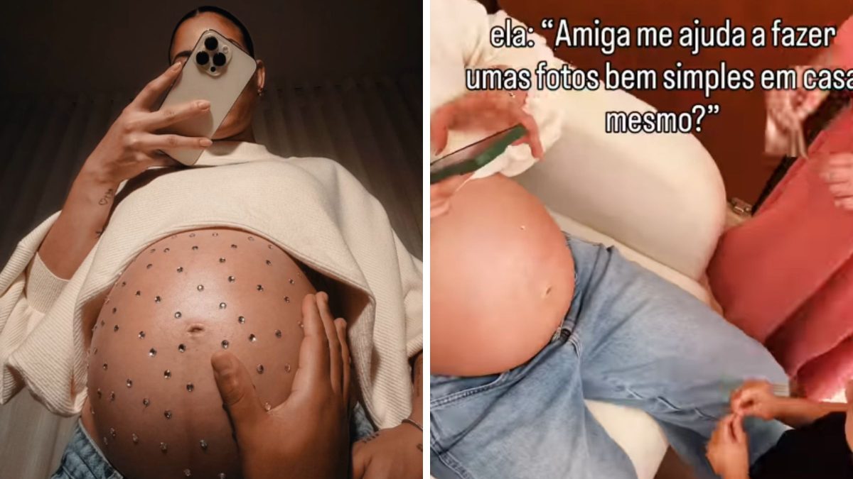 Foto de grávida com barriga coberta de strass viraliza e fotógrafa revela técnica por trás do brilho em SC